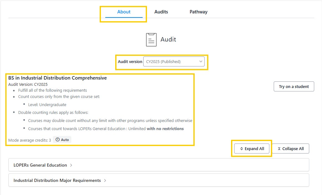 Audit page showing the About tab, audit version dropdown set to CY2025 (Published), and the program requirements overview with an Expand All button.