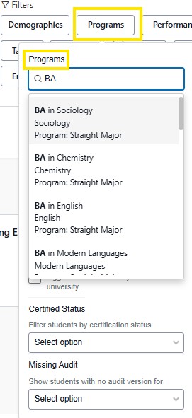 Programs filter dropdown open with search field showing “BA” and a list of BA program options.