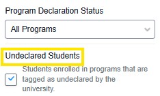 Program filter showing search options Declaration Status dropdown with “All Programs” selected and an “Undeclared Students” checkbox option highlighted.