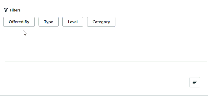 Filter bar with buttons for Offered By, Type, Level, and Category.