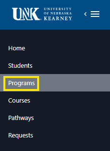 UNK University of Nebraska at Kearney mobile navigation menu with “Programs” highlighted among items like Home, Students, Courses, Pathways, and Requests.