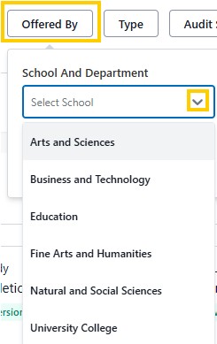 Program offered filter dropdown menu for selecting a school or department, showing options like Arts and Sciences, Business and Technology, and Education.