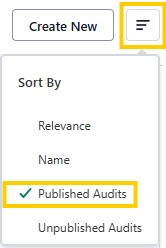 Program Search Sort Dropdown menu showing Icon, showing sorting options with Published Audits selected.