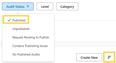 Screenshot example Audit Status Filter Dropdown filter labeled Audit Status showing Published selected, with a Create New button and filter icon highlighted.