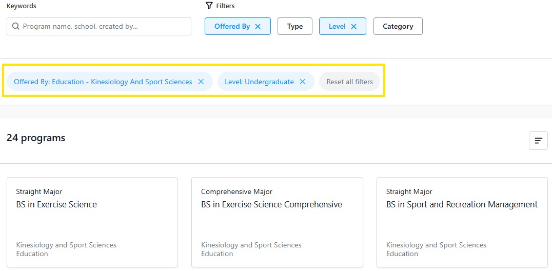 Program search page showing active filters for “Offered By: Education - Kinesiology And Sport Sciences” and “Level: Undergraduate,” with a “Reset all filters” button.