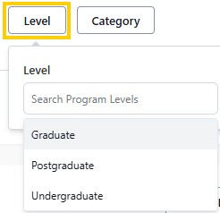 Program level filter search dropdown menu with options Graduate, Postgraduate, and Undergraduate.