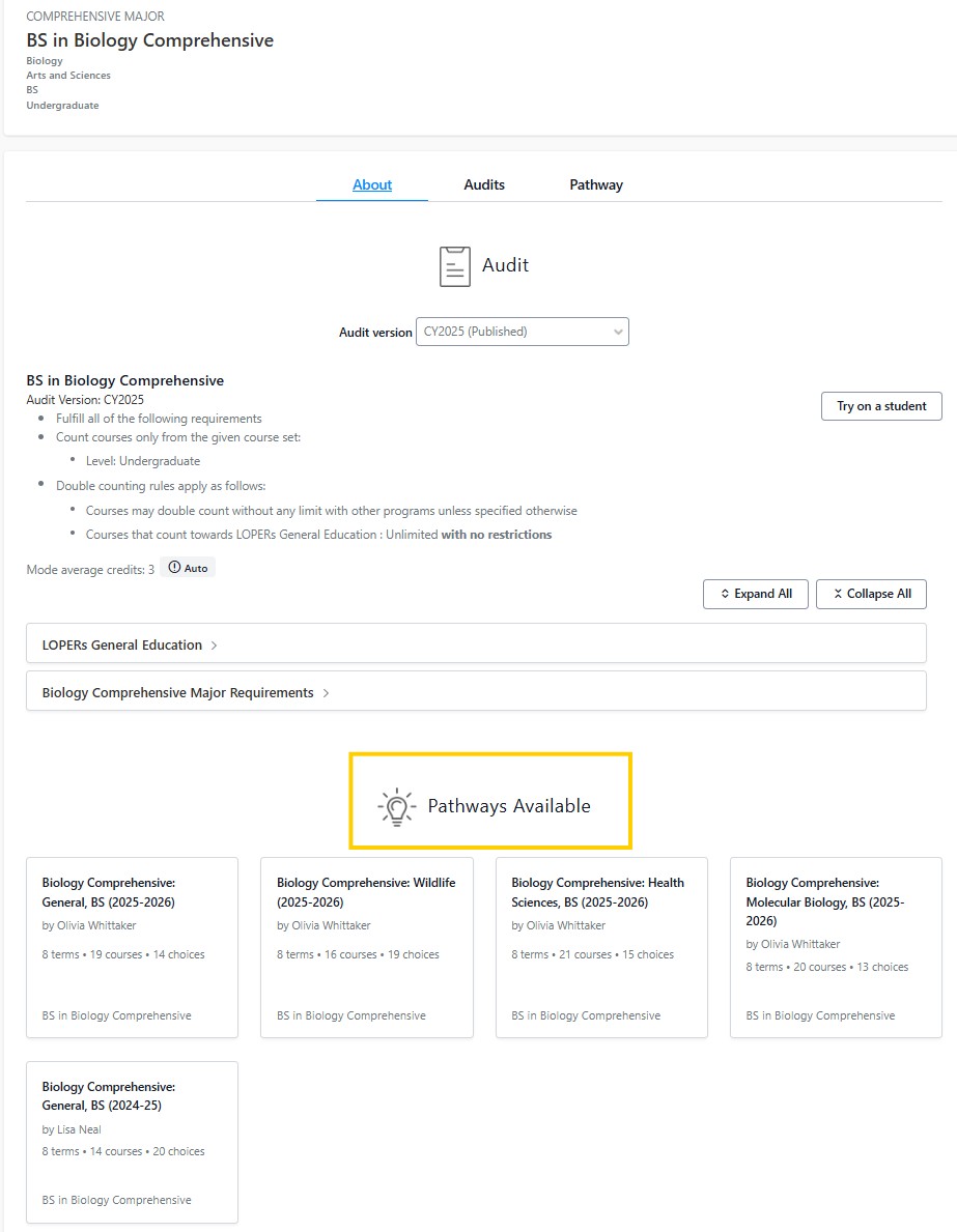 Screenshot example of a pathway, audit page for the BS in Biology Comprehensive major, showing requirements and a “Pathways Available” section with pathway cards.