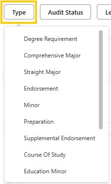 Program search dropdown menu under Type filter showing options like Degree Requirement, Comprehensive Major, Straight Major, Endorsement, and Minor.