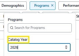 Program filter dropdown open with a “Catalog Year” field set to 2026.