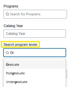 Programs filter with Dropdown menu for selecting program level, showing options Graduate, Postgraduate, and Undergraduate.
