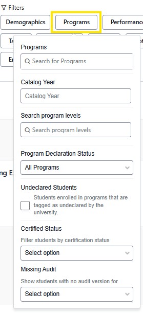 Programs filter dropdown open, showing search and options for catalog year, program levels, declaration status, undeclared students, certified status, and missing audit.