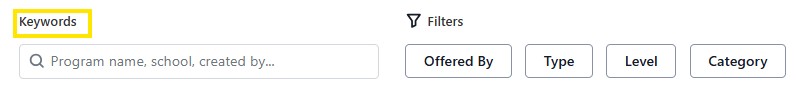 Keywords search field with Filters buttons for Offered By, Type, Level, and Category.