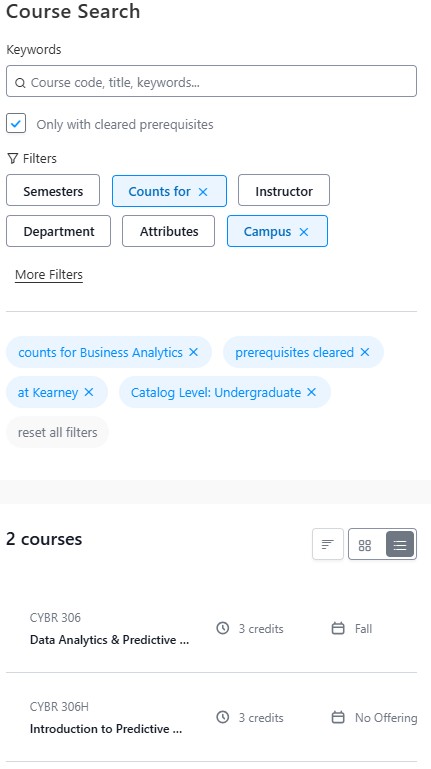 Screenshot example of Course search with filters applied for Business Analytics at Kearney and undergraduate level, showing two course results.