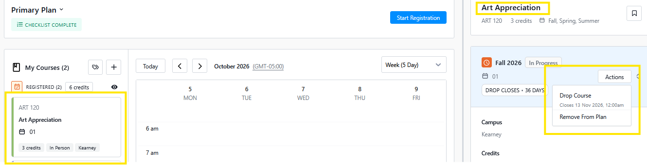 Course registration dashboard showing ART 120 Art Appreciation selected, with an Actions menu open offering Drop Course and Remove From Plan.