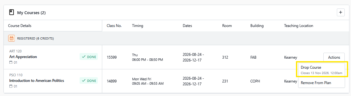 “My Courses” page listing two registered classes, with the Actions menu open and “Drop Course” highlighted.