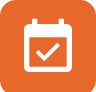 Registered course icon, and orange box with a white calendar icon with a checkmark in the center of the calendar. 