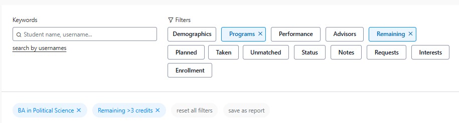 Student search filters showing selected filters options, with selecting Program and Remaining Filters.