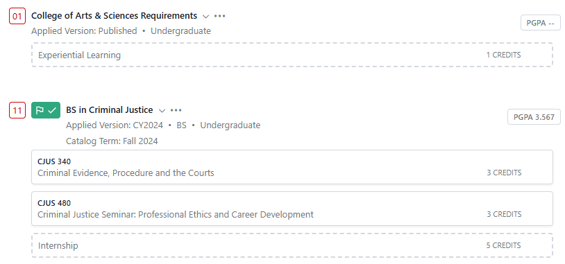 Degree audit screen showing College of Arts & Sciences requirements and a BS in Criminal Justice plan with listed courses (CJUS 340 and CJUS 480), an internship, and credit totals.