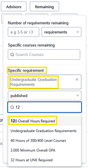 Remaining requirements filter form with “Undergraduate Graduation Requirements” selected and a dropdown list of specific requirement options open.