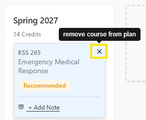 Course plan card for Spring 2027 showing KSS 265 Emergency Medical Response with a highlighted remove button.