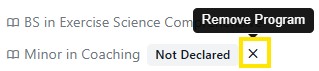 Dropdown menu with the options “Remove Program” and “Not Declared,” with an X close button highlighted.