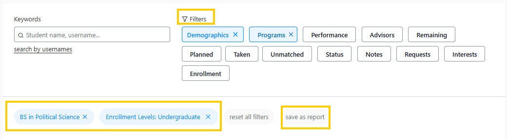 Screenshot example showing filter chips and options, with BS in Political Science and Undergraduate enrollment level selected.