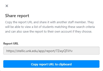 Screenshot example of share report dialog showing a report URL field and a “Copy report URL to clipboard” button.