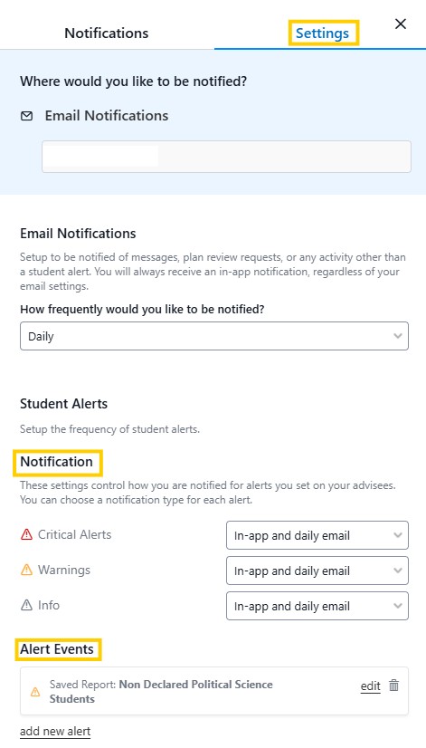 Screenshot of Notifications settings page showing email notification frequency and student alert preferences with dropdown options.