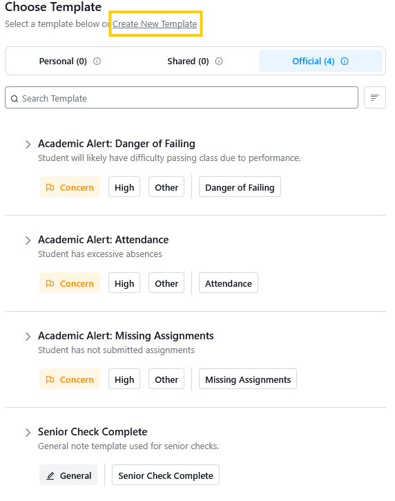 Template selection screen with the Official tab selected, a search bar, and a list of academic alert templates like Danger of Failing, Attendance, and Missing Assignments.