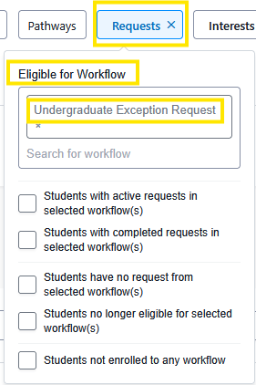 Screenshot of a “Requests” tab with an “Eligible for Workflow” section showing “Undergraduate Exception Request” selected and multiple student-status checkbox filters below.