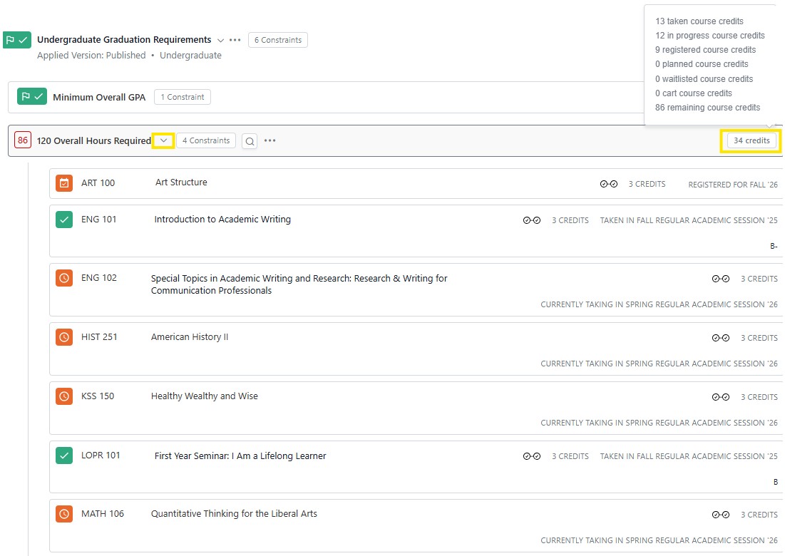 Screenshot example of student degree audit screen showing the “120 Overall Hours Required” requirement with 34 credits completed and a list of courses with credit totals.