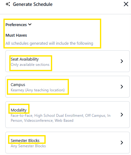 Screenshot of a “Generate Schedule” preferences panel showing must-have options for Seat Availability, Campus (Kearney), Modality (face-to-face, online, etc.), and Semester Blocks.