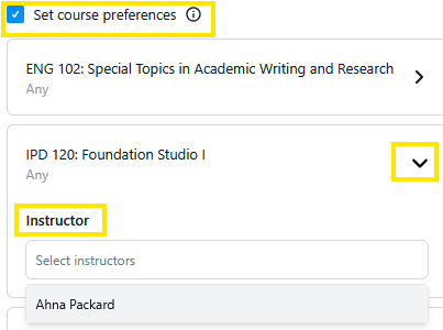 Course preferences form showing selected courses and an instructor dropdown expanded with “Ahna Packard” listed.