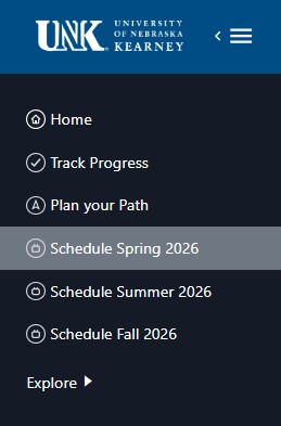 UNK navigation menu showing Home, Track Progress, Plan your Path, and schedule links for Spring, Summer, and Fall 2026.
