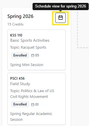 Schedule view for Spring 2026 showing enrolled courses and a highlighted calendar icon.