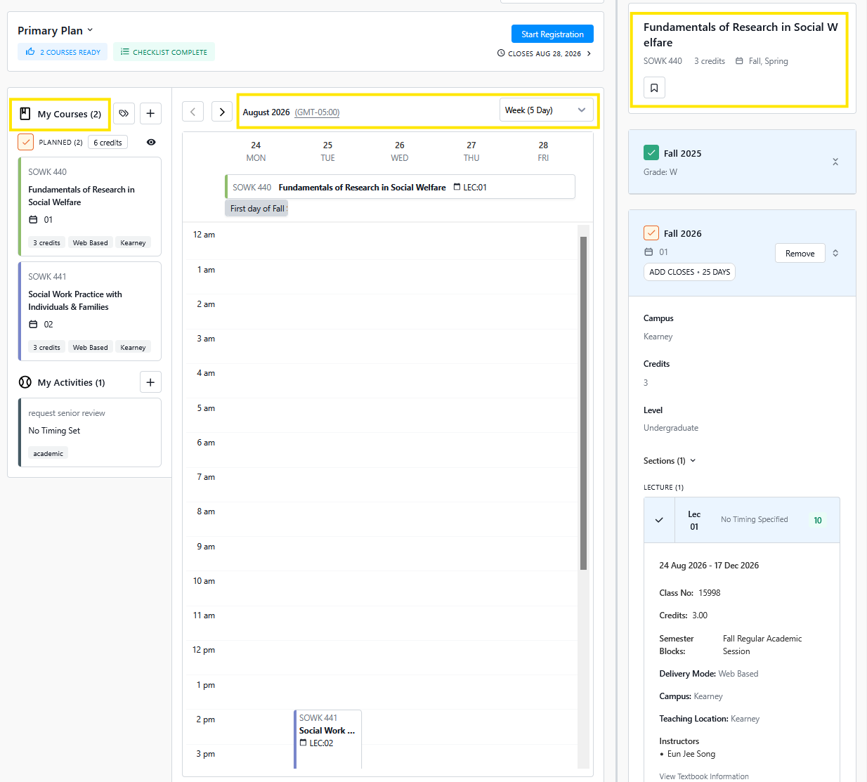 Course planning dashboard showing a weekly schedule for August 2026 with planned social work courses and a right-side panel detailing “Fundamentals of Research in Social Welfare” for Fall 2026.