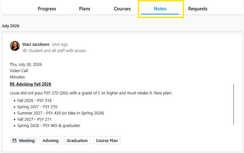 Student advising portal screenshot with the Notes tab selected, showing a July 2026 note about re-advising and a revised course plan.
