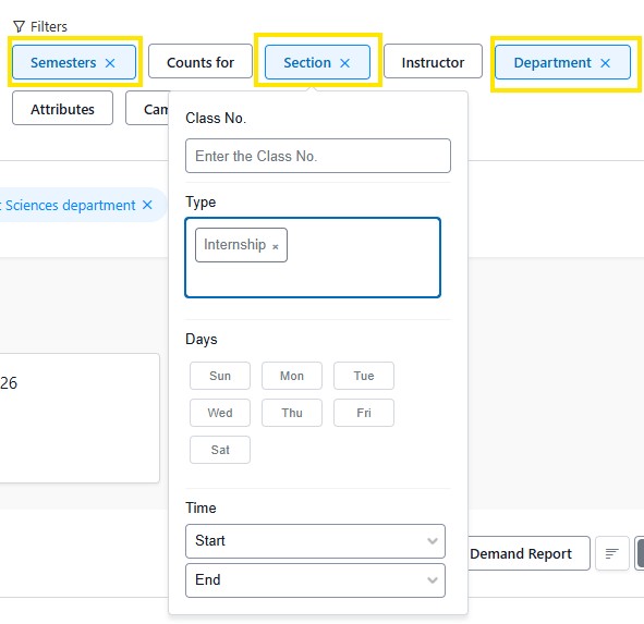 Screenshot example of Course search Filter showing Semesters, Section, and Department selected and an open dropdown showing class number, internship type, days, and time options.