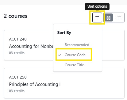 Screenshot of a course list with a sort options menu open, highlighting “Course Code” as the selected sort choice.