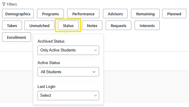 Student search Filters menu with the Status filter highlighted and dropdown options for archived status, active status, and last login.