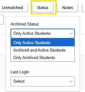Status filter highlighted with options of Archived Status dropdown open showing options for active and archived students.