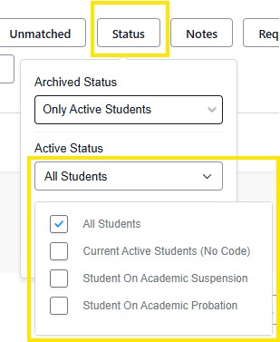 Status filter dropdown menu open, showing active status options with “All Students” selected.
