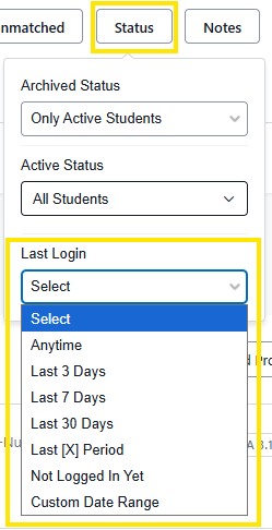 Status filters for archived/active status and an open “Last Login” dropdown showing options like Anytime, Last 7 Days, and Custom Date Range.
