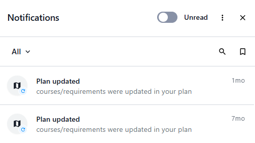 Notifications panel showing an Unread toggle and two “Plan updated” notifications about courses/requirements changes.