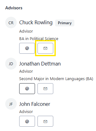 Advisors list showing Chuck Rowling marked as Primary, with contact icons and other advisors Jonathan Dettman and John Falconer.
