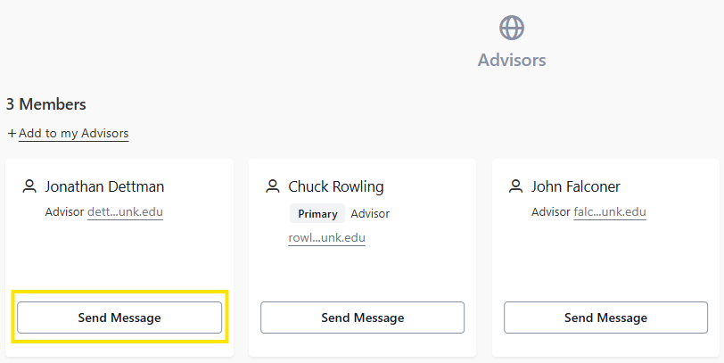 Advisors page showing three advisor cards with names and a Send Message button for each.