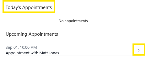 Appointments dashboard showing “Today’s Appointments” with no appointments and an upcoming appointment on Sep 01 at 10:00 AM with Matt Jones.