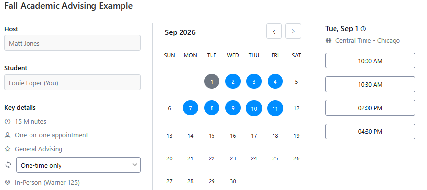Screenshot of an academic advising booking page with event and attendee details on the left, a September 2026 calendar in the center, and available time slots for Tue, Sep 1 on the right.
