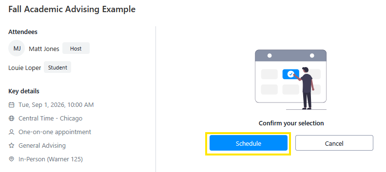 Screenshot of a “Fall Academic Advising Example” appointment confirmation screen showing attendees, meeting details, and Schedule and Cancel buttons.
