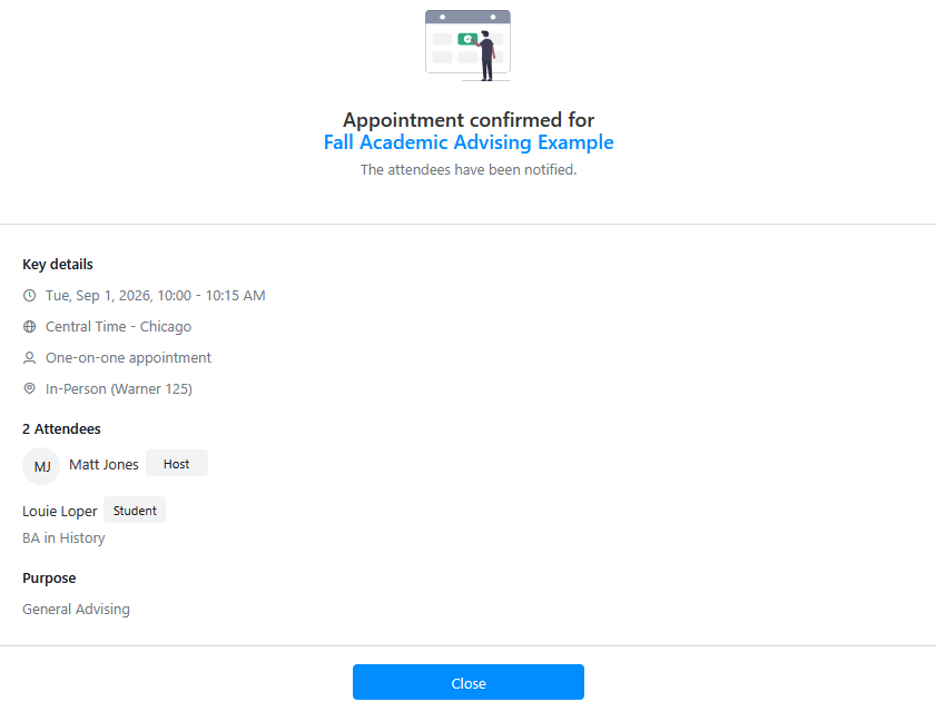 Appointment confirmation page for “Fall Academic Advising Example,” showing key details like date and time, in-person location, and attendees list.